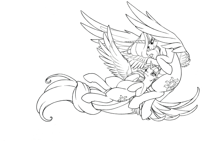 Size: 1441x1002 | Tagged: safe, artist:longinius, derpibooru import, princess celestia, twilight sparkle, twilight sparkle (alicorn), alicorn, pony, bedroom eyes, cuddling, cute, eye contact, female, grayscale, intertwined tails, lesbian, lineart, mare, monochrome, on back, shipping, sitting, smiling, snuggling, spread wings, twilestia