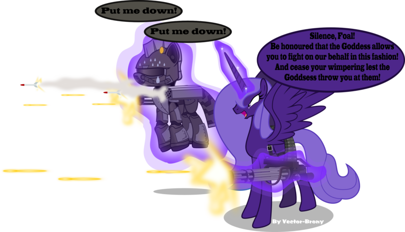 Size: 3387x1941 | Tagged: safe, artist:vector-brony, derpibooru import, oc, oc:lacunae, unofficial characters only, alicorn, earth pony, pony, fallout equestria, fallout equestria: project horizons, fanfic, alicorn oc, armor, artificial alicorn, fallout, fanfic art, female, glowing horn, gun, hooves, horn, levitation, magic, mare, minigun, open mouth, power armor, purple alicorn (fo:e), rocket launcher, shooting, simple background, spread wings, steel ranger, steel rangers, telekinesis, transparent background, weapon, wings