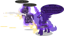 Size: 3387x1941 | Tagged: safe, artist:vector-brony, derpibooru import, oc, oc:lacunae, unofficial characters only, alicorn, earth pony, pony, fallout equestria, fallout equestria: project horizons, fanfic, alicorn oc, armor, artificial alicorn, fallout, fanfic art, female, glowing horn, gun, hooves, horn, levitation, magic, mare, minigun, open mouth, power armor, purple alicorn (fo:e), rocket launcher, shooting, simple background, spread wings, steel ranger, steel rangers, telekinesis, transparent background, weapon, wings