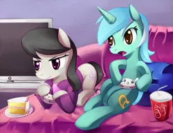 Size: 1200x927 | Tagged: artist:negativefox, cake, controller, derpibooru import, lyra heartstrings, octavia is not amused, octavia melody, safe, soda, unamused, video game