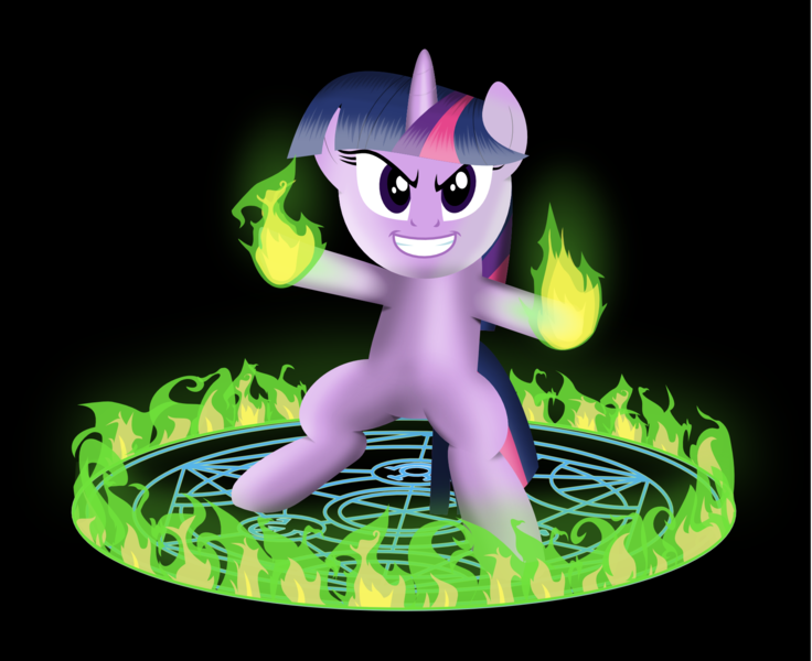 Size: 1837x1498 | Tagged: safe, artist:tgolyi, derpibooru import, twilight sparkle, pony, bipedal, dark magic, green fire, magic, magic circle, solo