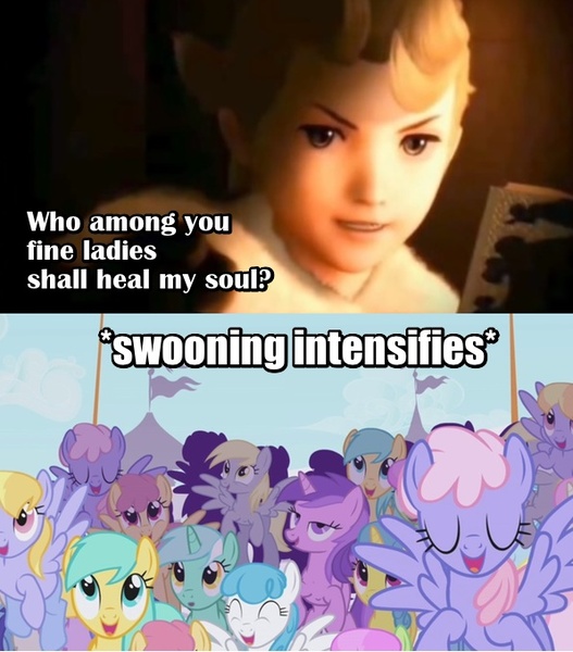 Size: 596x678 | Tagged: safe, derpibooru import, bon bon, derpy hooves, lyra heartstrings, sweetie drops, pegasus, pony, bravely default, crossover, female, image macro, implied human on pony action, mare, meme, ringabel