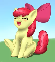 Size: 1614x1800 | Tagged: safe, artist:vasillium, derpibooru import, apple bloom, earth pony, pony, adorabloom, cute, eyes closed, female, filly, open mouth, sitting, solo, underhoof