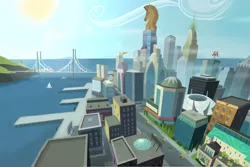 Size: 2698x1799 | Tagged: safe, artist:nekokevin, derpibooru import, pony, architecture, boat, bridge, building, carriage, city, cityscape, cloud, crystaller building, friendship express, manehattan, pier, sailboat, sky, stadium, street, sun, taxi, taxi pony, train, unknown pony, water