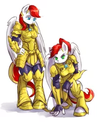 Size: 1015x1276 | Tagged: anthro, armor, artist:audrarius, colored sketch, derpibooru import, kneeling, oc, oc:lotus heat, oc:petal spark, pegasus, safe, twins, unguligrade anthro, unofficial characters only, wings