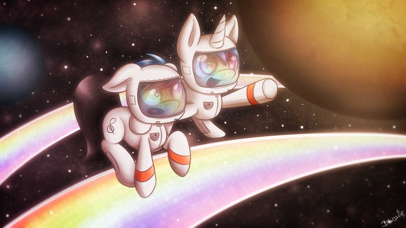 Size: 1920x1080 | Tagged: artist:skybrush-viffex, derpibooru import, octavia melody, rainbow road, safe, space, spacesuit, vinyl scratch