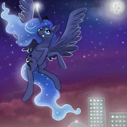 Size: 1000x1000 | Tagged: safe, artist:confetticakez, derpibooru import, princess luna, flying, manehattan, moon, solo