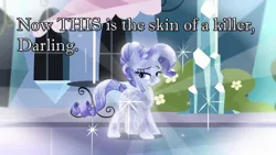 Size: 1280x720 | Tagged: alternate hairstyle, bedroom eyes, caption, catty, crystallized, crystal rarity, derpibooru import, edit, edited screencap, grin, image macro, meme, rarity, safe, screencap, shaming, skin of a killer, solo, the crystal empire, twilight (series)