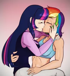 Size: 1195x1280 | Tagged: suggestive, artist:scorpdk, derpibooru import, rainbow dash, twilight sparkle, human, abs, belly button, blushing, breasts, buff, busty twilight sparkle, clothes, eyes closed, female, gradient background, humanized, kissing, leg lock, lesbian, long hair, midriff, muscles, shipping, twidash