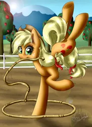 Size: 1700x2338 | Tagged: applejack, artist:artyjoyful, balancing, derpibooru import, fence, lasso, looking at you, mouth hold, rope, safe, solo, tree