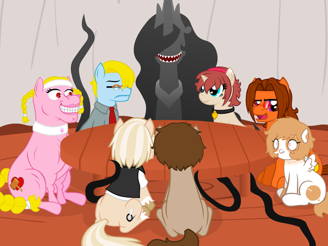 Size: 640x480 | Tagged: semi-grimdark, artist:aha-mccoy, derpibooru import, oc, oc:aha mclovin, oc:anonlestia, oc:corel, oc:heather sweet feathers, oc:helga starkehuf, oc:jay aaron mclovin, oc:terrie ben dover, oc:tony starkehuf, unofficial characters only, earth pony, pegasus, pony, unicorn, nopony-ask-mclovin, blank flank, female, male, mare, sharp teeth, stallion, teeth, tentacles