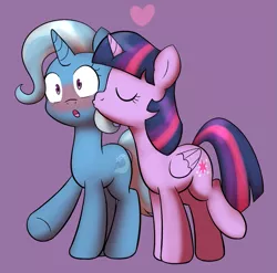 Size: 1037x1024 | Tagged: safe, artist:haxorus31, derpibooru import, trixie, twilight sparkle, twilight sparkle (alicorn), alicorn, pony, :o, blushing, eyes closed, female, heart, kissing, lesbian, mare, raised leg, shipping, surprise kiss, surprised, twixie, underhoof, wide eyes