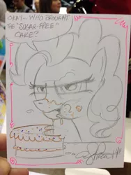 Size: 852x1136 | Tagged: angry, artist:andypriceart, cake, derpibooru import, eating, food, frown, glare, irl, looking at you, messy, messy eating, open mouth, pinkie pie, safe, solo, sugar free, sugar-free, traditional art, unamused