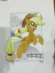 Size: 768x1024 | Tagged: applejack, artist:tonyfleecs, derpibooru import, fence, jumping, safe, solo, traditional art