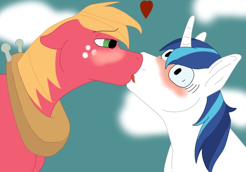 Size: 1280x896 | Tagged: safe, artist:flamewolf, derpibooru import, big macintosh, shining armor, earth pony, pony, blushing, gay, heart, kissing, male, shiningmac, shipping, stallion