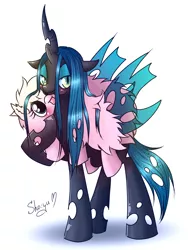 Size: 1200x1600 | Tagged: safe, artist:nyako-shoyu, derpibooru import, queen chrysalis, oc, oc:fluffle puff, blushing, canon x oc, chrysipuff, female, lesbian, licking, riding, shipping