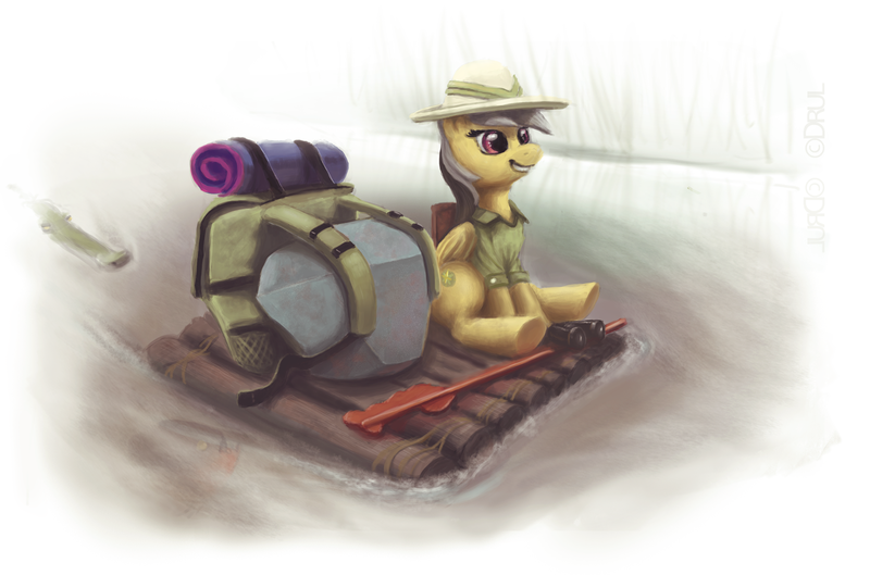 Size: 1600x1057 | Tagged: safe, artist:drul, derpibooru import, daring do, tom, backpack, binoculars, raft