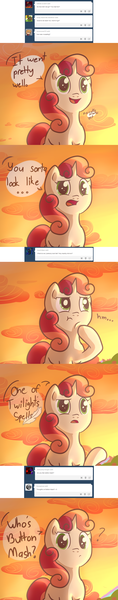 Size: 1100x5589 | Tagged: safe, artist:spikedmauler, derpibooru import, sweetie belle, ask, comic, confused, cute, go ask sweetie belle, question mark, shipping denied, solo, speech bubble, sunset, tumblr