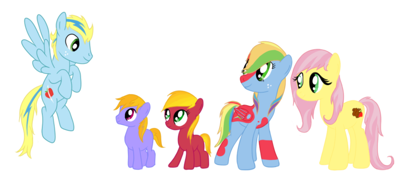 Size: 1000x440 | Tagged: safe, artist:karmadash, derpibooru import, applejack, oc, oc:ambrosia pip, oc:apple crumble, oc:apple crunch, oc:apple slash, oc:zapple, oc:zappletta, unofficial characters only, earth pony, pegasus, pony, family, flying, looking up, offspring, parent:applejack, parent:big macintosh, parent:braeburn, parent:fluttershy, parent:rainbow dash, parent:soarin', parents:braeshy, parents:rainbowmac, parents:soarinjack, pony with birthmarks, spread wings