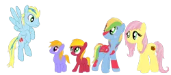 Size: 1000x440 | Tagged: safe, artist:karmadash, derpibooru import, applejack, oc, oc:ambrosia pip, oc:apple crumble, oc:apple crunch, oc:apple slash, oc:zapple, oc:zappletta, unofficial characters only, earth pony, pegasus, pony, family, flying, looking up, offspring, parent:applejack, parent:big macintosh, parent:braeburn, parent:fluttershy, parent:rainbow dash, parent:soarin', parents:braeshy, parents:rainbowmac, parents:soarinjack, pony with birthmarks, spread wings
