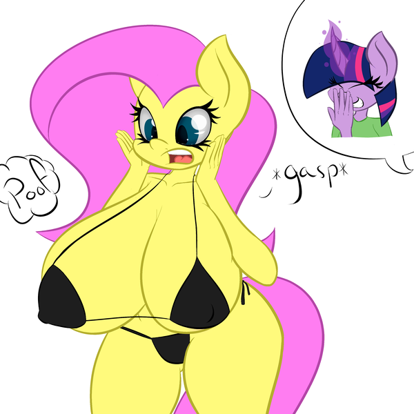 Size: 3000x3000 | Tagged: anthro, artist:color-spark, big breasts, bikini, breast expansion, breasts, busty fluttershy, clothes, curvy, derpibooru import, eyes closed, female, fluttershy, grin, high res, huge breasts, laughing, magic, magic abuse, nipple outline, nudity, open mouth, smiling, string bikini, suggestive, swimsuit, twilight sparkle, wide hips