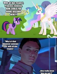 Size: 450x585 | Tagged: ashley williams, derpibooru import, dialogue, edit, edited screencap, image macro, keep calm and flutter on, mass effect, meme, princess celestia, royal guard, safe, screencap, twilight sparkle, vulgar