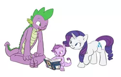 Size: 1330x850 | Tagged: safe, artist:carnifex, derpibooru import, daring do, rarity, spike, oc, oc:lavender, dracony, hybrid, book, cute, eye contact, female, grin, interspecies offspring, male, offspring, older, older spike, parent:rarity, parent:spike, parents:sparity, reading, shipping, simple background, smiling, sparity, story included, straight, white background, wink