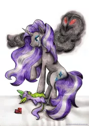 Size: 751x1063 | Tagged: abuse, artist:witchbehindthebush, crying, derpibooru import, fire ruby, implied death, nightmare grayity, nightmare rarity, sad, safe, spike, spikeabuse, traditional art
