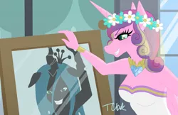 Size: 1111x719 | Tagged: a canterlot wedding, anthro, artist:teaganlouise, changeling, derpibooru import, disguise, disguised changeling, fake cadance, mirror, princess cadance, queen chrysalis, safe, scene interpretation, the little mermaid, this day aria