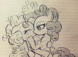 Size: 820x600 | Tagged: artist:momo, cute, derpibooru import, diapinkes, duality, famihara, kissing, lined paper, monochrome, pinkie pie, selfcest, self ponidox, suggestive, traditional art