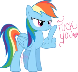 Size: 3455x3212 | Tagged: safe, artist:ieatedaunicorn, derpibooru import, rainbow dash, pegasus, pony, angry, feather fingers, female, fuck you, heart, mare, middle feather, middle finger, simple background, solo, text, transparent background, vector, vulgar, watermark, wing hands, wings