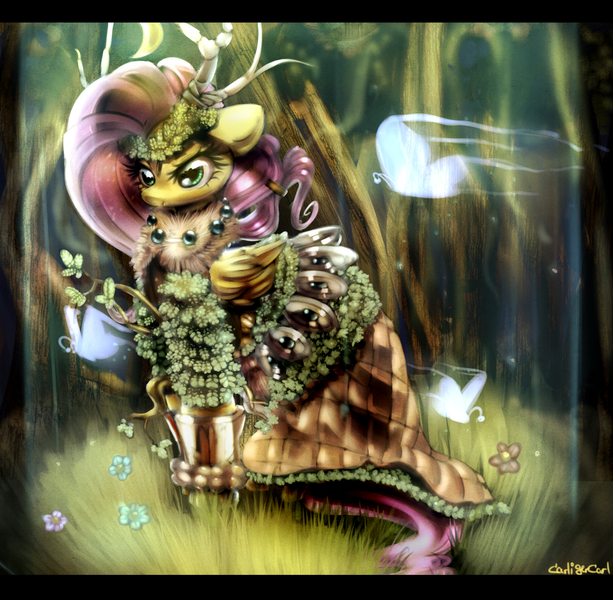 Size: 1801x1763 | Tagged: armor, artist:carligercarl, butterfly, clothes, derpibooru import, dress, floppy ears, fluttershy, forest, glare, grass, horns, nature, safe, scenery, solo, warcraft