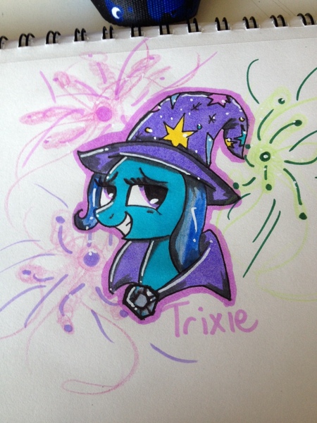 Size: 960x1280 | Tagged: safe, artist:art-aura-and-lb-butt, derpibooru import, trixie, pony, unicorn, female, fireworks, mare, smiling, solo, traditional art