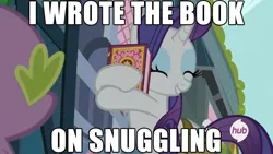 Size: 1280x720 | Tagged: safe, derpibooru import, edit, edited screencap, screencap, rarity, spike, inspiration manifestation, book, hub logo, image macro, imma snuggle you, meme, snuggling