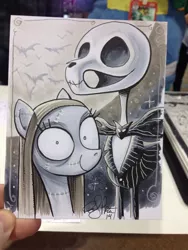 Size: 768x1024 | Tagged: andy you magnificent bastard, artist:andypriceart, derpibooru import, jack skellington, monochrome, ponified, safe, sally, the nightmare before christmas, traditional art
