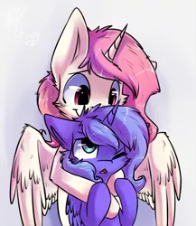 Size: 1157x1336 | Tagged: artist:suplolnope, cewestia, cheek fluff, cute, derpibooru import, filly, floppy ears, fluffy, hug, messy mane, :o, open mouth, princess celestia, princess luna, s1 luna, safe, smiling, sweet dreams fuel, wing fluff, wink, woona, younger