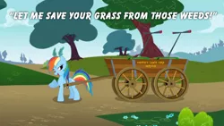 Size: 960x540 | Tagged: derpibooru import, lawn mower, rainbow dash, safe, solo, the mysterious mare do well, wagon