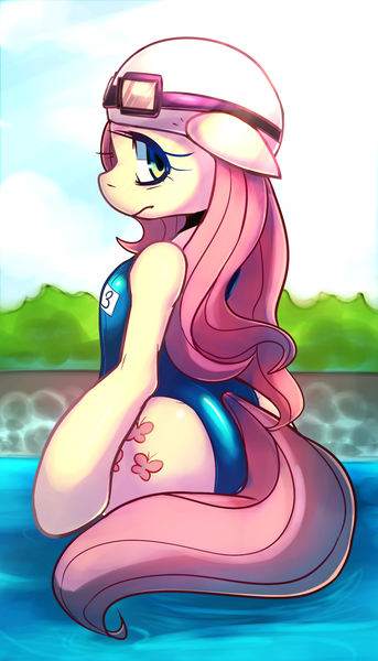 Size: 1301x2277 | Tagged: safe, artist:maren, derpibooru import, fluttershy, pony, semi-anthro, bipedal, breasts, clothes, delicious flat chest, flattershy, goggles, hat, one-piece swimsuit, school swimsuit, solo, swimming cap, swimming goggles, swimming pool, swimsuit