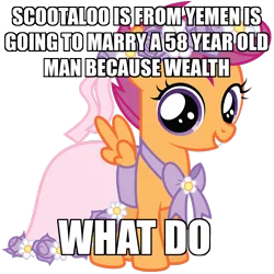 Size: 1280x1280 | Tagged: bridesmaid dress, caption, clothes, dress, grammar error, image macro, meme, safe, scootaloo, solo, what do, yemen