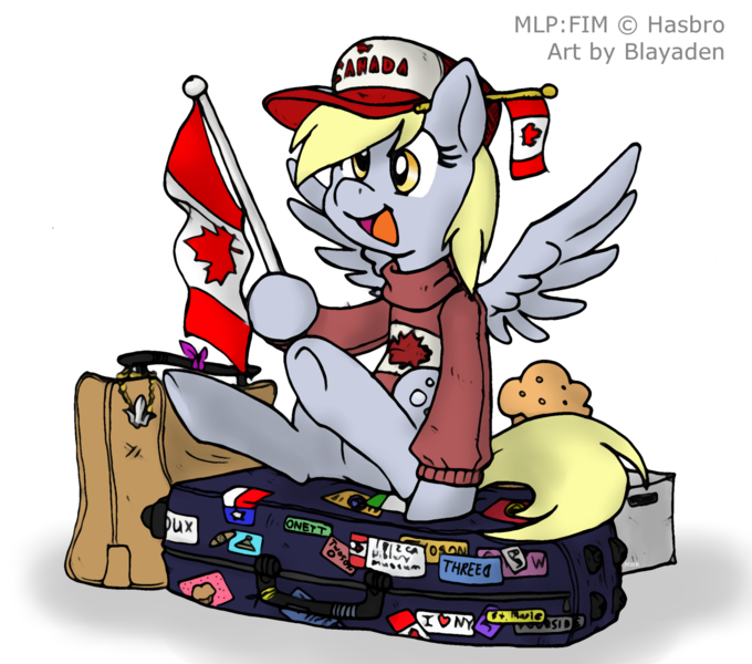 Size: 1600x1411 | Tagged: safe, artist:blayaden, derpibooru import, derpy hooves, pegasus, pony, canada, earthbound, female, flag, mare, muffin, onett, solo, underhoof