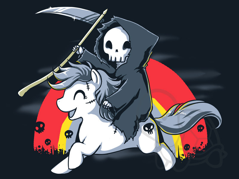 Size: 800x600 | Tagged: artist needed, safe, derpibooru import, earth pony, pony, book of revelation, cute, eyes closed, grim reaper, open mouth, pale pony, riding, scythe, skull, smiling, stitches, teeturtle