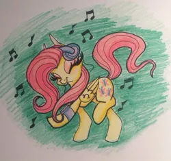 Size: 600x565 | Tagged: artist:bashful-ryno, dancing, derpibooru import, fluttershy, headphones, mp3 player, safe, smiling, solo, traditional art