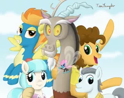 Size: 900x713 | Tagged: safe, artist:toonyoungster, derpibooru import, cheese sandwich, coco pommel, discord, seabreeze, silver shill, spitfire, breezie, earth pony, pegasus, pony, alternate mane six, clothes, female, key six, male, mare, stallion, uniform, wonderbolts uniform