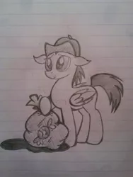 Size: 450x600 | Tagged: safe, artist:zigragirl, derpibooru import, oc, oc:cloud swarmer, unofficial characters only, pegasus, pony, bag, candy, cap, colt, floppy ears, foal, hat, lined paper, male, monochrome, pencil drawing, solo, traditional art