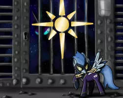 Size: 1024x819 | Tagged: artist:scherzo, derpibooru import, gate, key, mouth hold, nightmare moon, prison, raised hoof, safe, shadowbolts, spread wings