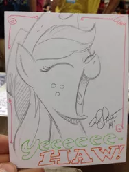 Size: 852x1136 | Tagged: applejack, artist:andypriceart, derpibooru import, little tongue, safe, solo, traditional art, yeehaw