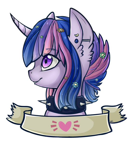 Size: 1341x1500 | Tagged: safe, artist:shyshyoctavia, derpibooru import, twilight sparkle, earth pony, pony, alternate hairstyle, bust, choker, curved horn, flower, hair accessory, heart, old banner, piercing, portrait, profile, punk, short hair, simple background, smiling, solo, spiked choker, transparent background