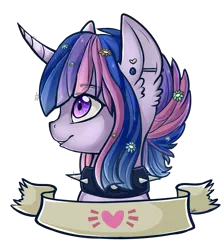 Size: 1341x1500 | Tagged: safe, artist:shyshyoctavia, derpibooru import, twilight sparkle, earth pony, pony, alternate hairstyle, bust, choker, curved horn, flower, hair accessory, heart, old banner, piercing, portrait, profile, punk, short hair, simple background, smiling, solo, spiked choker, transparent background