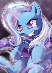 Size: 1512x2102 | Tagged: safe, artist:theunununium, derpibooru import, trixie, pony, unicorn, crying, female, glowing horn, grin, magic, mare, solo