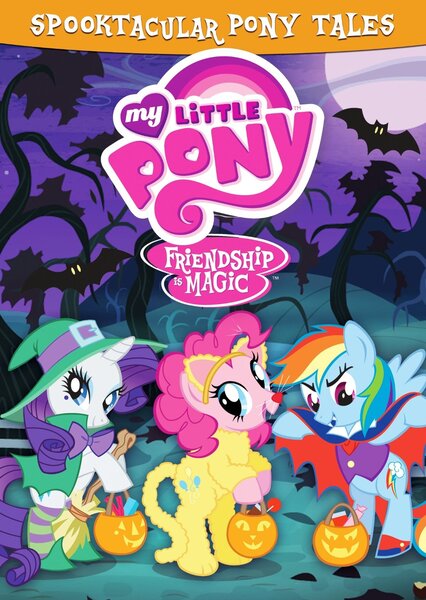 Size: 1066x1500 | Tagged: bat, clothes, costume, derpibooru import, dvd, dvd cover, halloween, official, pinkie pie, rainbow dash, rarity, safe, socks, spooktacular pony tales, striped socks